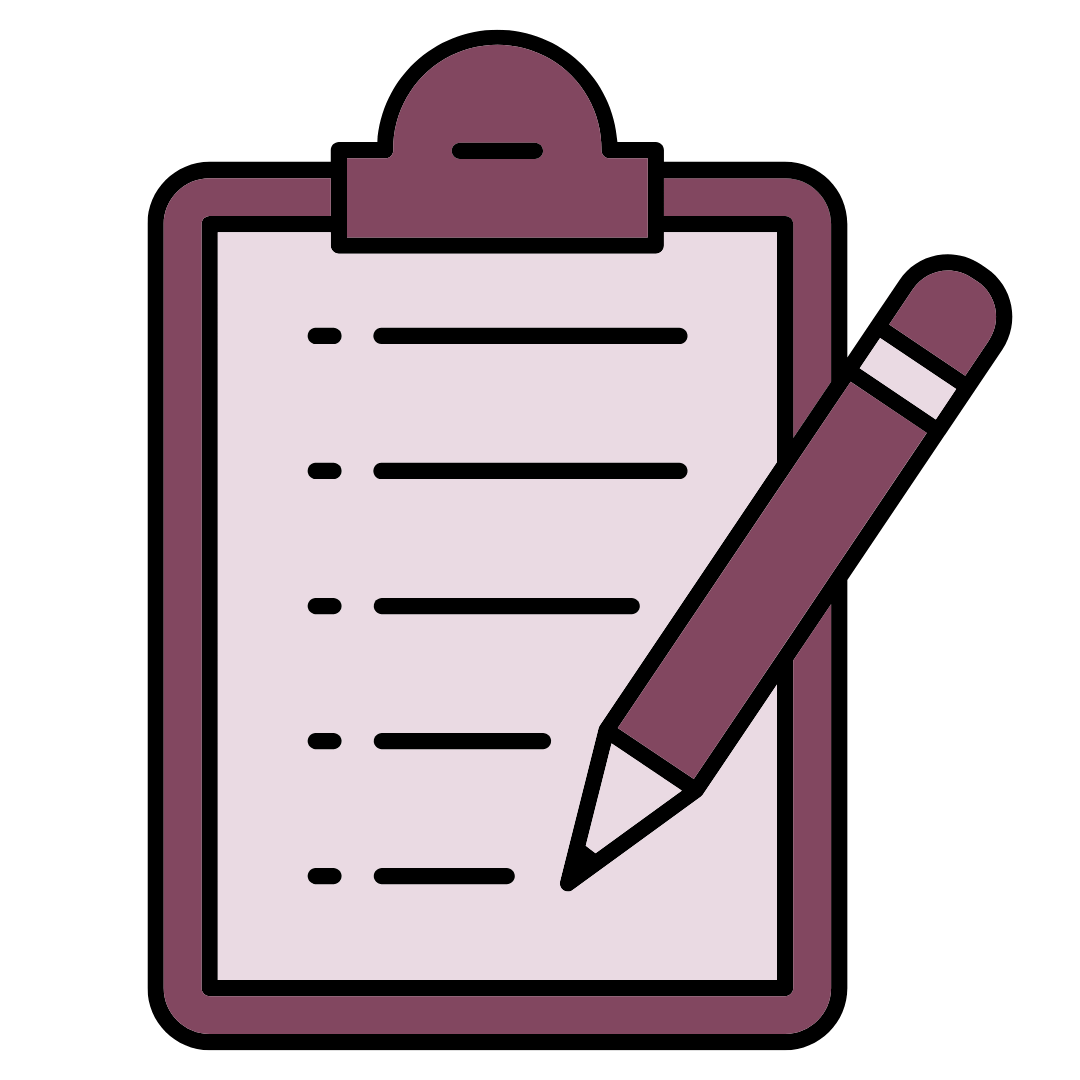A dark and light purple. clipboard and pencil icon