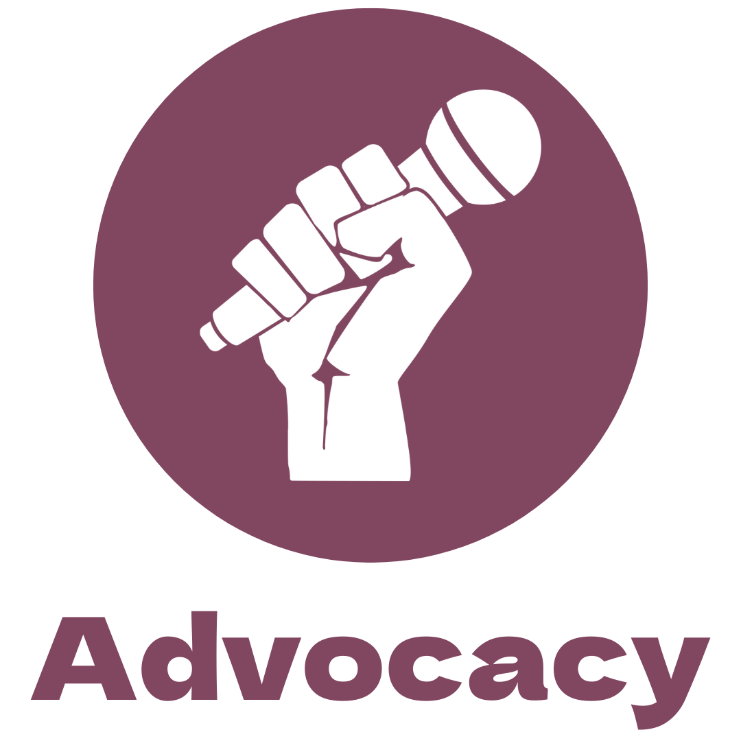 A purple circle with a white icon in the middle of a hand holding a microphone and the word "Advocacy" beneath the circle in purple.