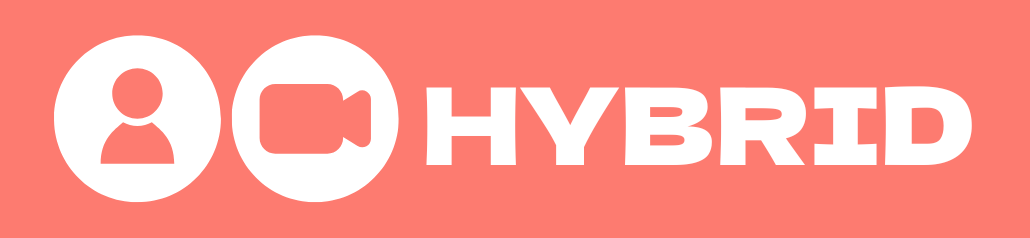 A coral rectangle with white text that reads "Hybrid" and a white icon of a person next to a white icon of a video camera.