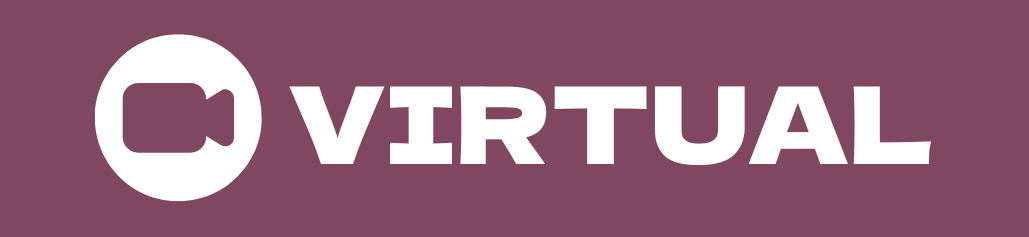 A plum rectangle with white text that reads "Virtual" and a white icon of a video camera next to it.