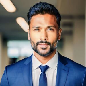 A headshot of immigration attorney Daven Ghandi wearing a bright blue suit with matching tie and a white collared shirt