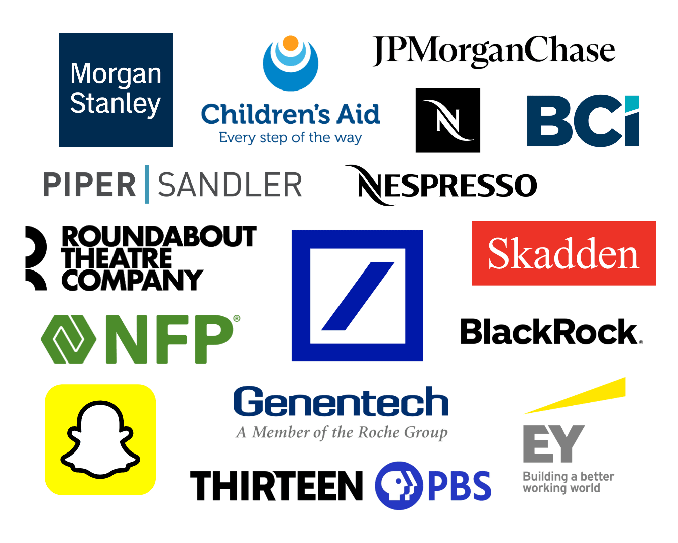 A variety of arranged logos for corporations and nonprofits that PFLAG NYC has worked with, including Morgan Stanley, Children's Aid, Roundabout Theatre Company, Genentech, Skadden, Nespresso, Snapchat, and more.