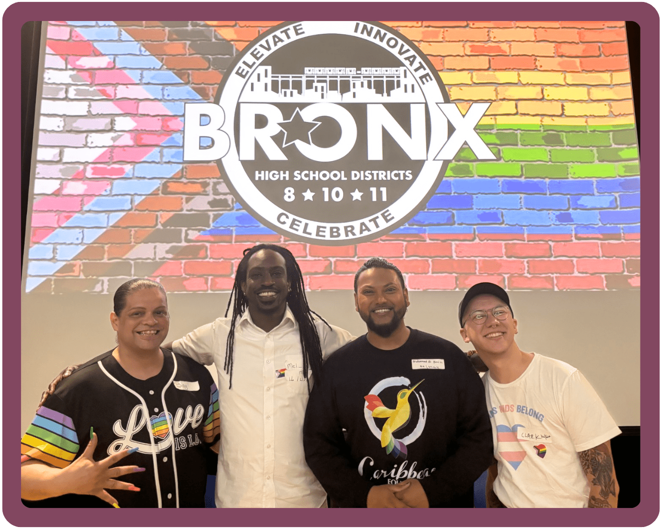 A purple-framed photo of PFLAG staff member Clark smiling alongside three other volunteers at a Bronx schools Pride event