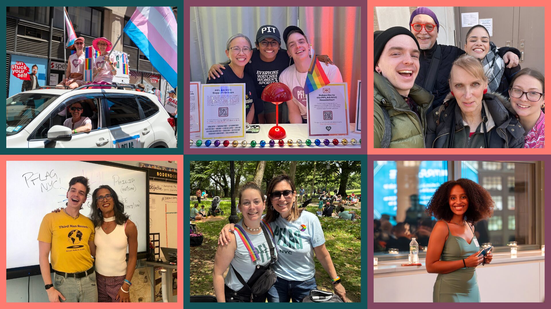 A collage of 6 photos with colorful frames of teal, plum, and coral. The photos show PFLAG NYC volunteers and staff at various events.