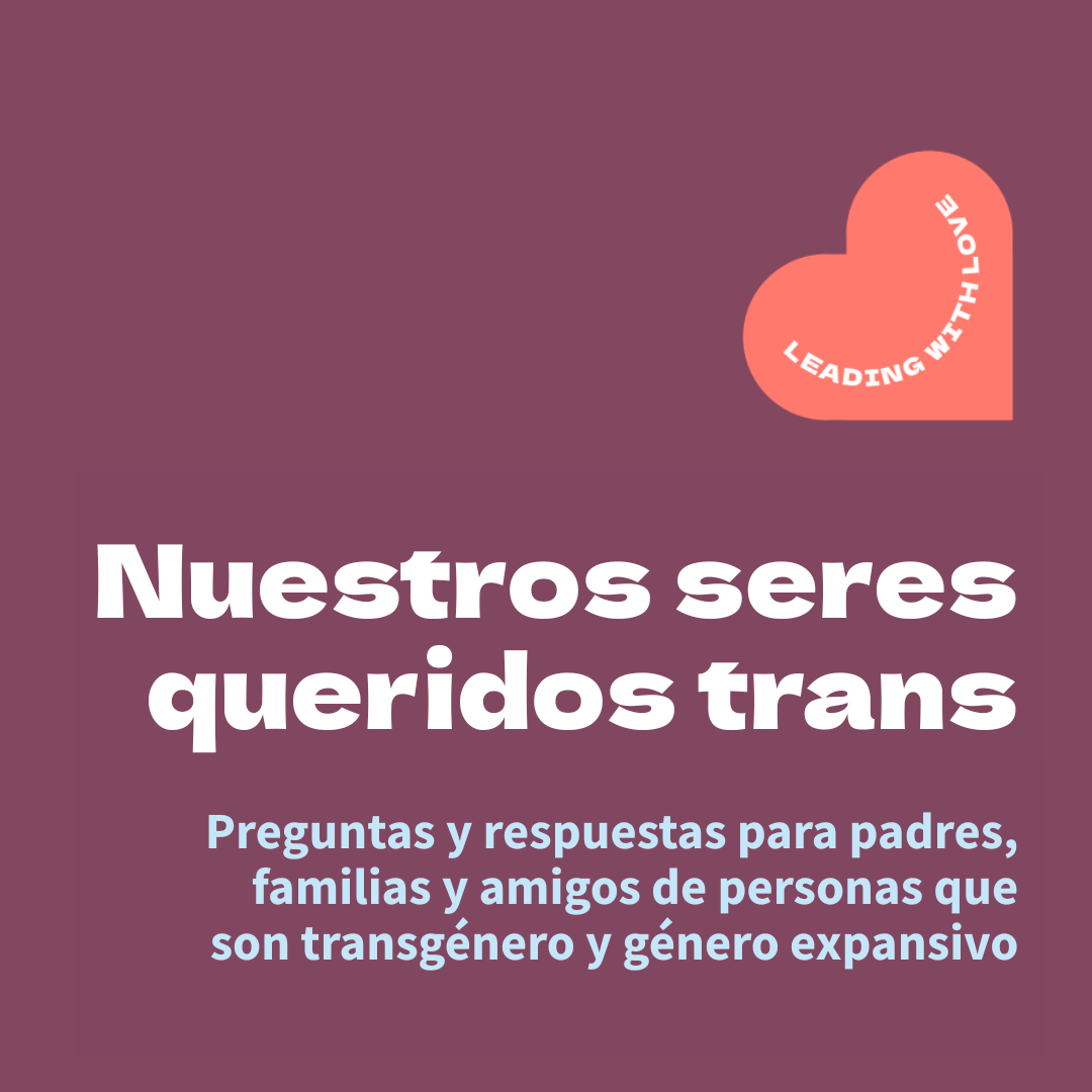 A purple cover image with white and light purple text for the PFLAG National publication: "Nuestros seres queridos trans."