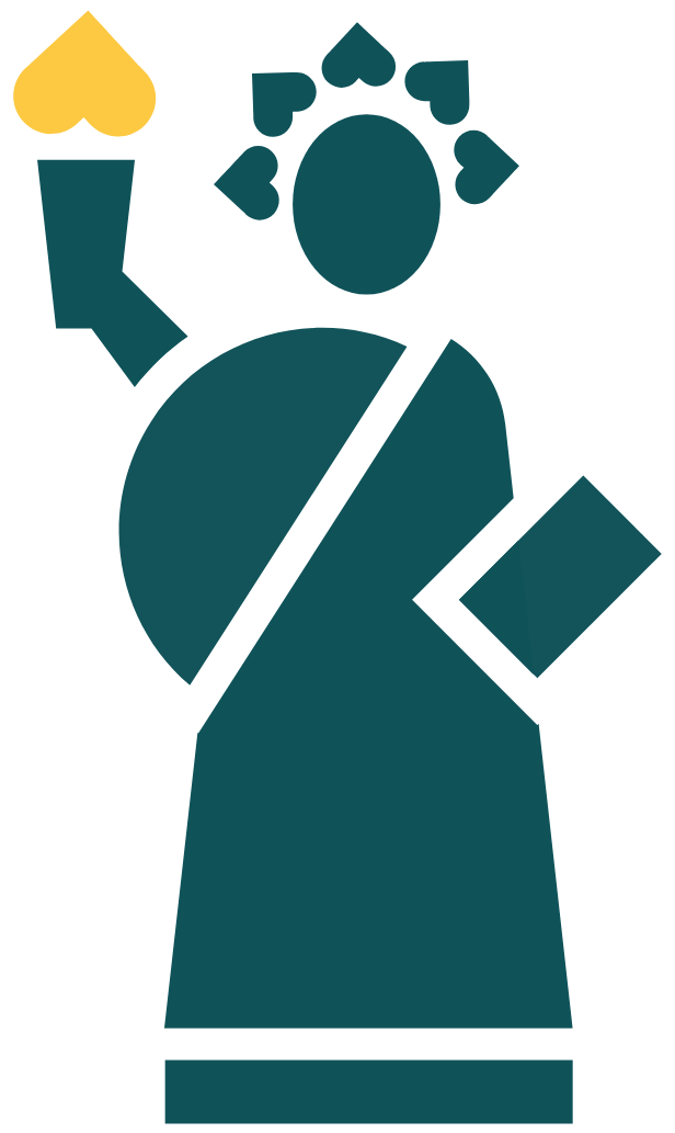 A teal and yellow icon of the Statue of Liberty