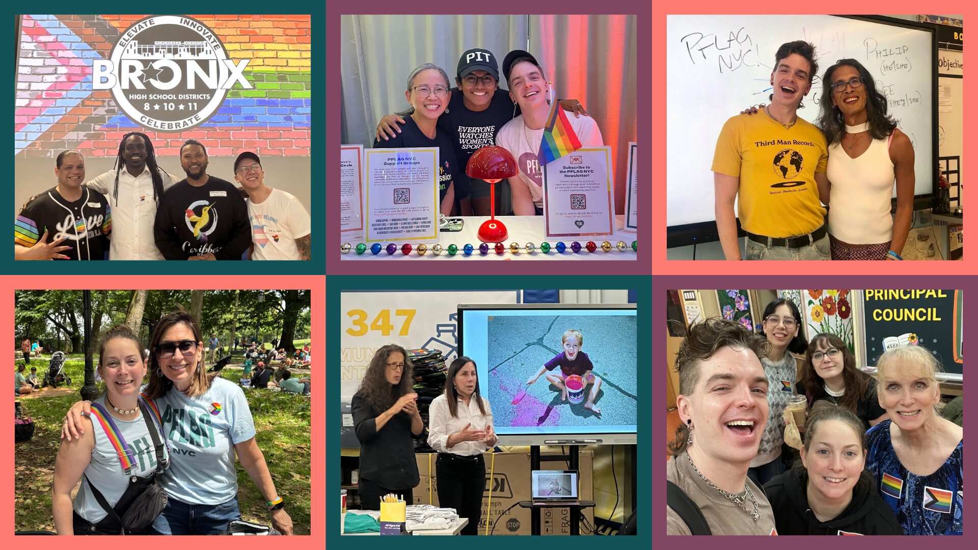 A collage of 6 photos with colorful frames of teal, plum, and coral. The photos show PFLAG NYC volunteers and staff at various events.